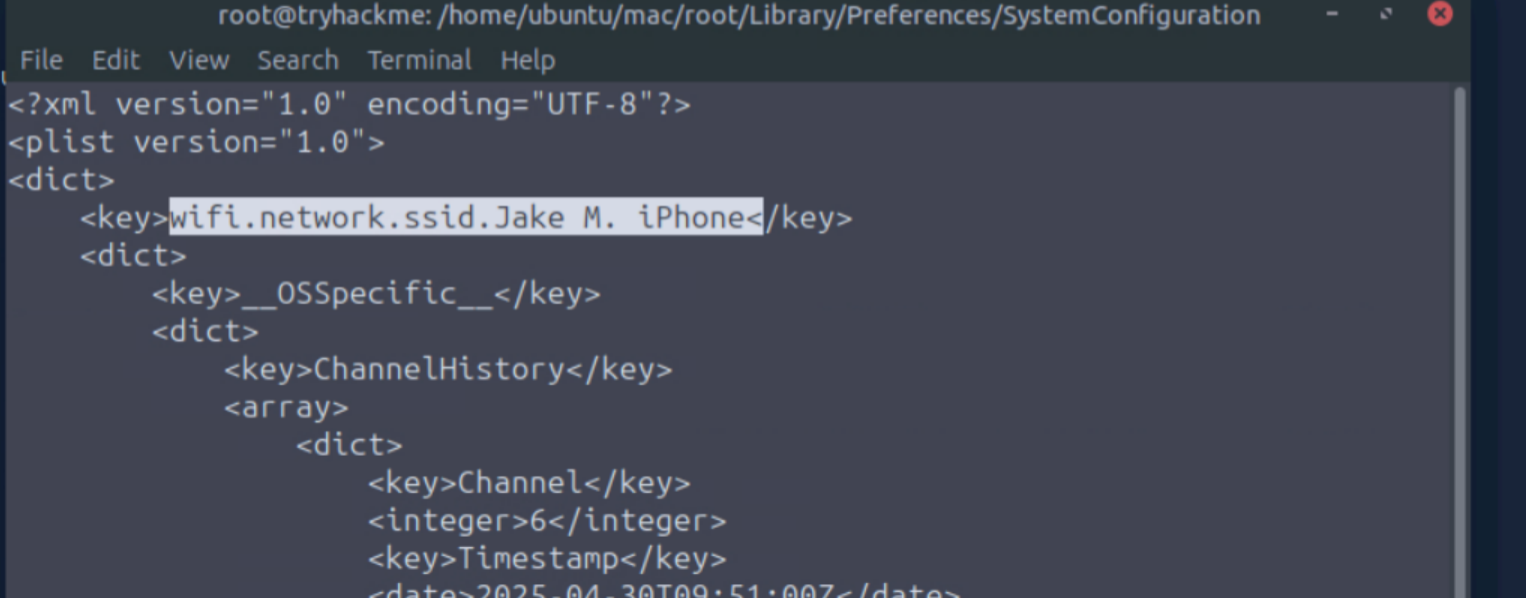 strings output of wifi known-networks plist showing Jake M. iPhone network